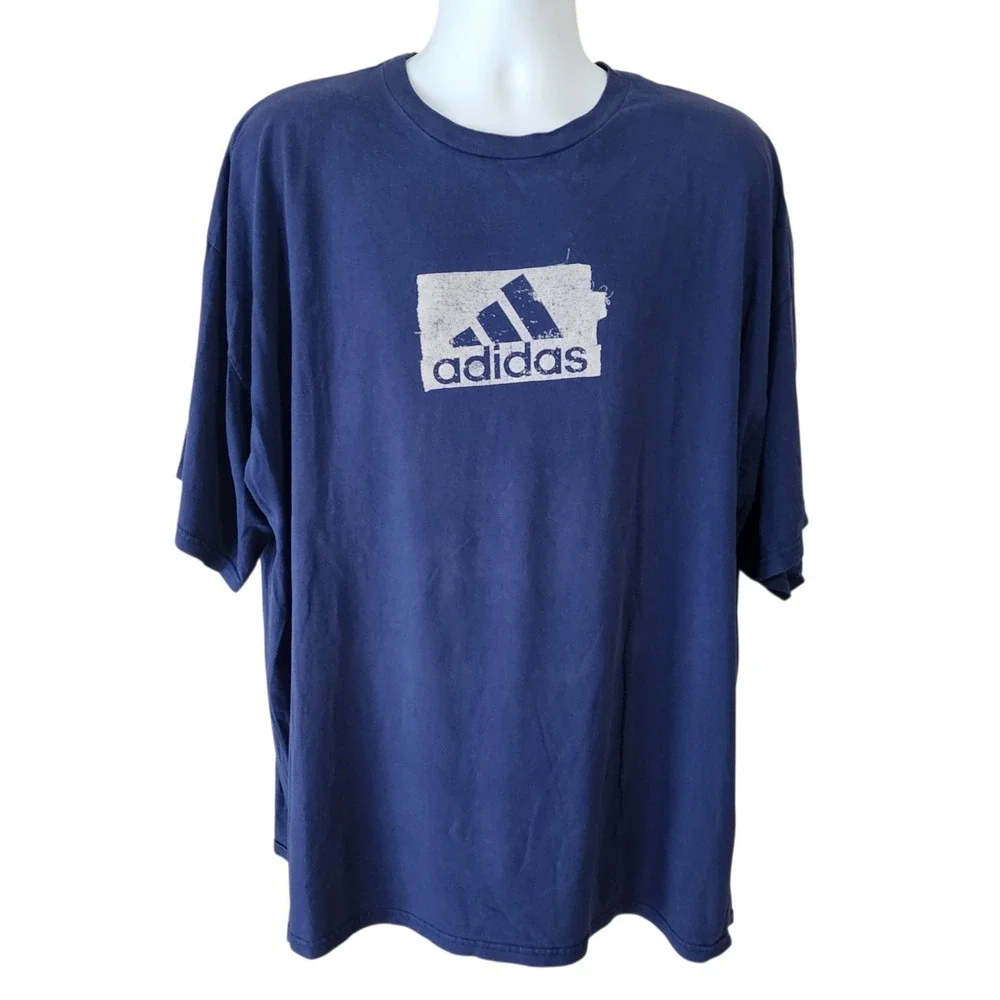 Vintage Adidas Logo Graphic T-Shirt Men's 2XL Blue Distressed Spell Out Tee